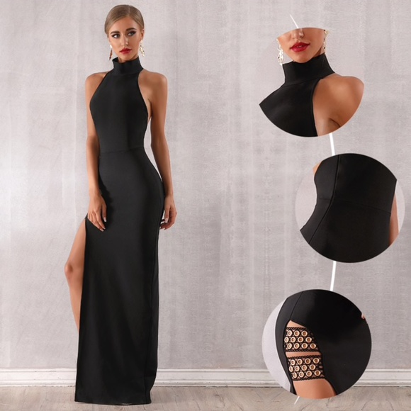 BLACK BANDAGE MAXI DRESS LEG SLIT GROMMET W STRAPS - Picture 5 of 14